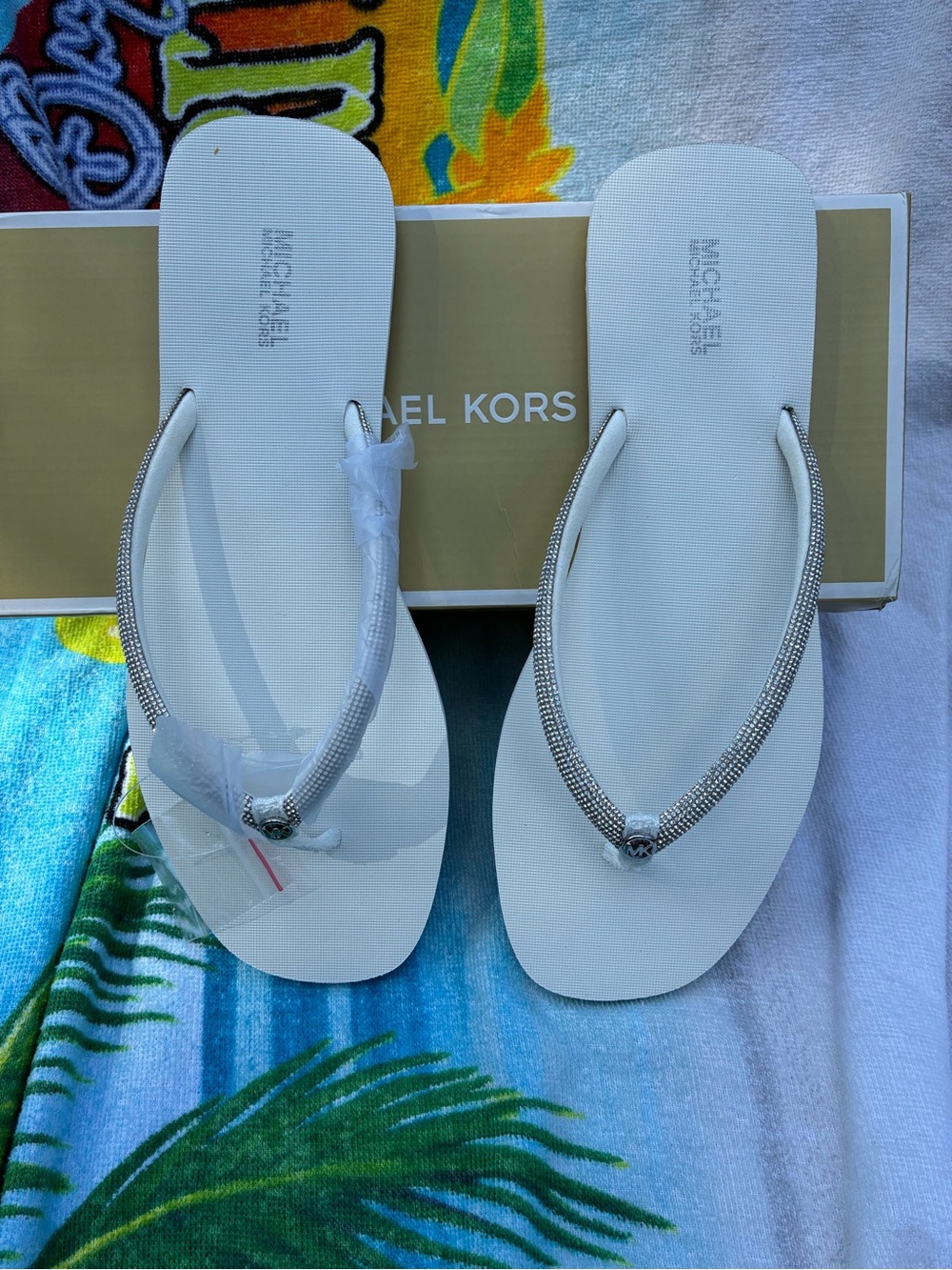 Michael Kors Jinx White Crystal-Trim Flip Flops